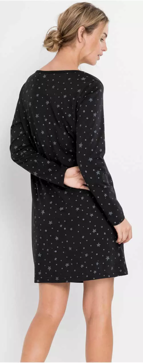 Čierna bavlnená dámska nočná košeľa s dlhým rukávom