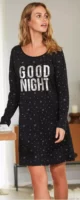 Čierna dámska nočná košeľa s hviezdami a nápisom good night