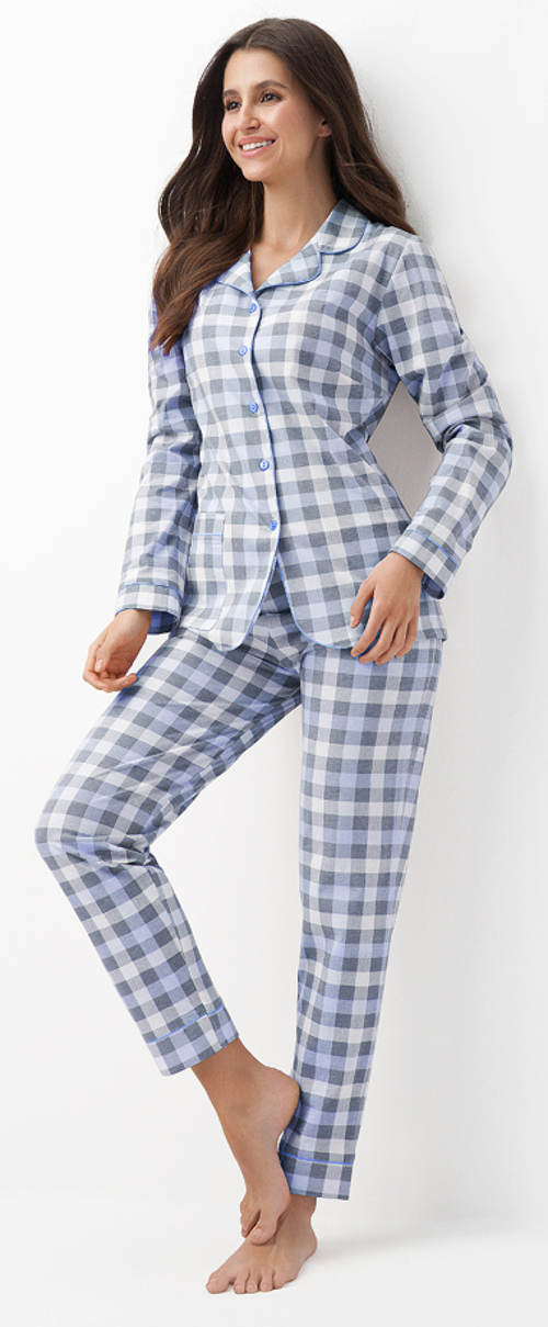 Modré dámske kockované pyžamo so zapínaním na gombíky