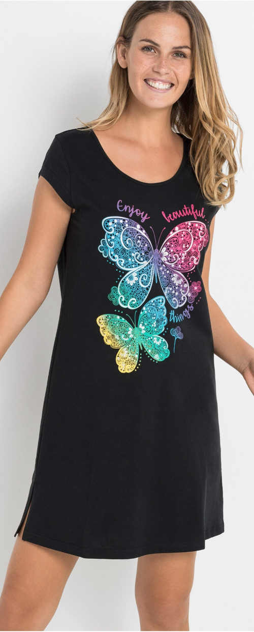 Čierna dámska nočná košeľa s potlačou farebných motýľov