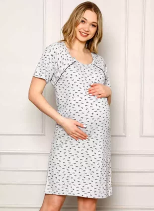 Tehotenska a dojčiaca krátka bavlnená nočná košeľa s potlačou